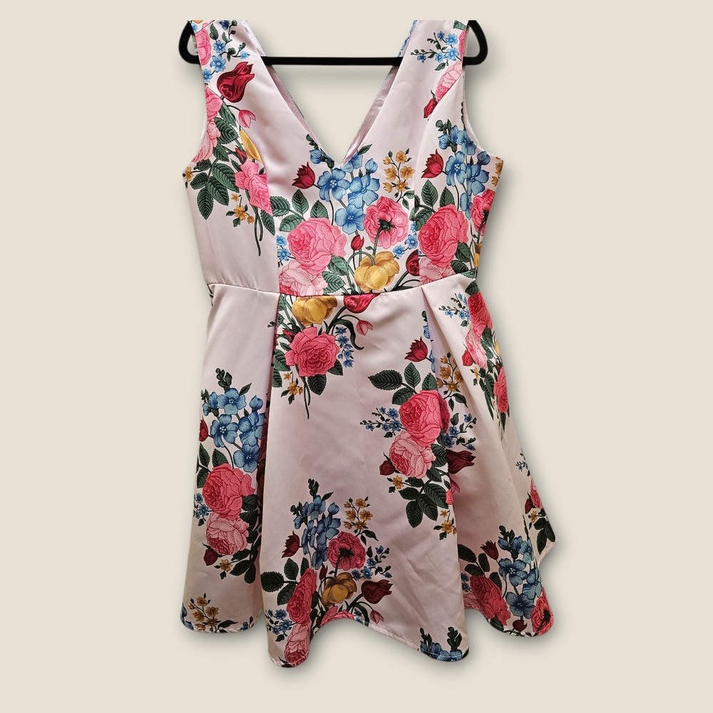 Liza Luxe Women XL Pink Floral Satin V Neck Sleeveless Fit Flare Dress w/Tulle